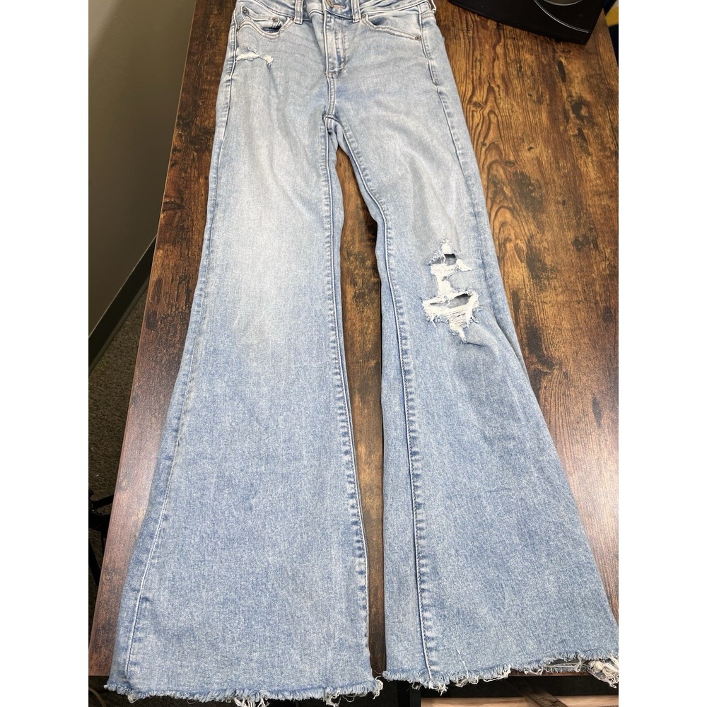 American Eagle Jeans Womens Sz 4 Long Blue Super Hi Rise Flare Stretch Frayed